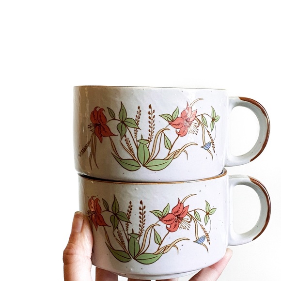 Vintage Ceramic Flower Floral Design Coffee Tea Hot Drink Mug Set | Retro Mugs